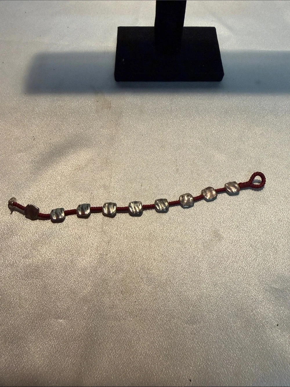 Source Unknown Red Cord Bracelet with Chunky Silver Beads
